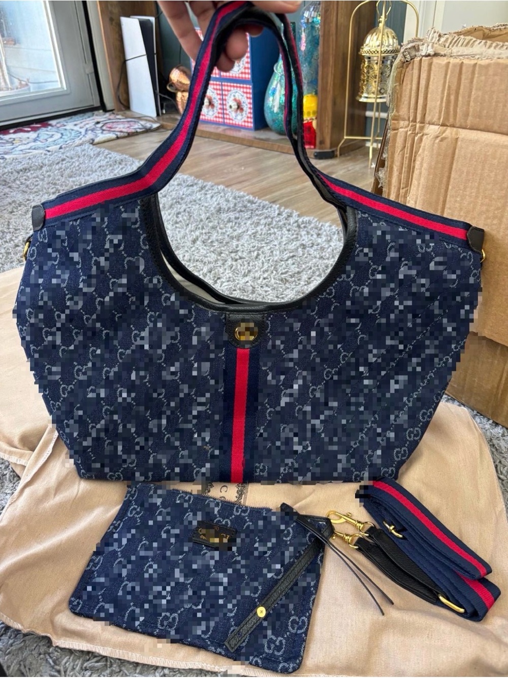 Navy Shoulder Tote with Red Stripe Accent